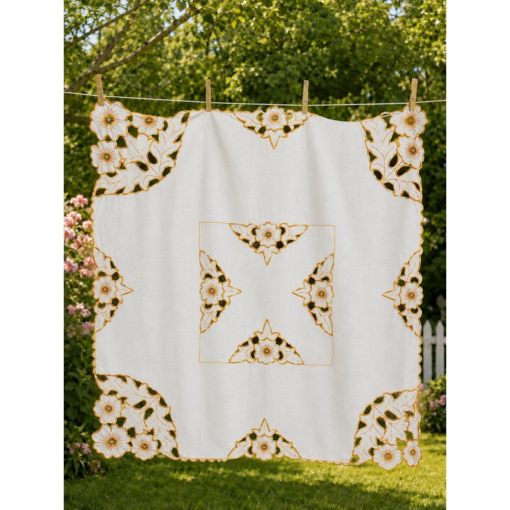 Vintage White Linen Square Tablecloth Orange Yellow Floral Cutwork Embroidery